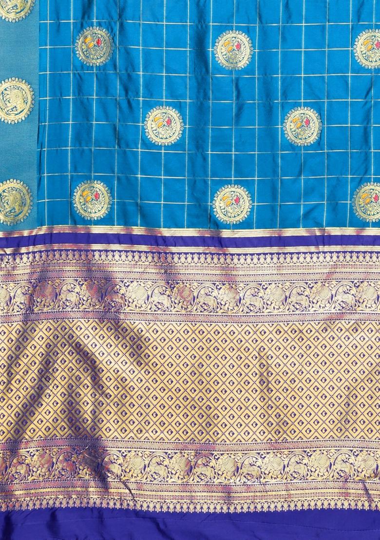 Sky Blue And Royal Blue Zari Embroidered Banarasi Cotton Saree Set