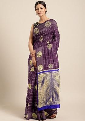 Wine And Pink Zari Embroidered Banarasi Cotton Saree Set