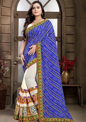 White And Royal Blue Bandhani Print Georgette Saree Set