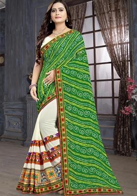 White And Green Bandhani Print Georgette Saree Set