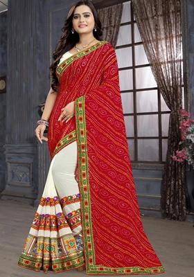 White And Red Bandhani Print Georgette Saree Set