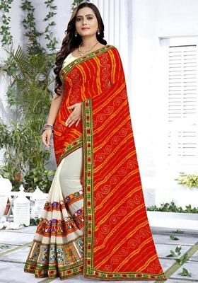 White And Orange Bandhani Print Georgette Saree Set