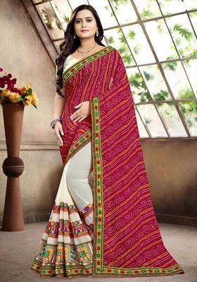 White And Pink Bandhani Print Georgette Saree Set