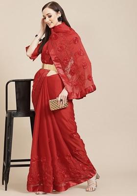 Red Butta Work Embroidered Chiffon Saree Set