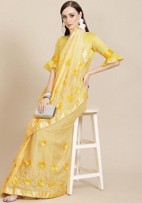 Yellow Butta Work Embroidered Chiffon Saree Set