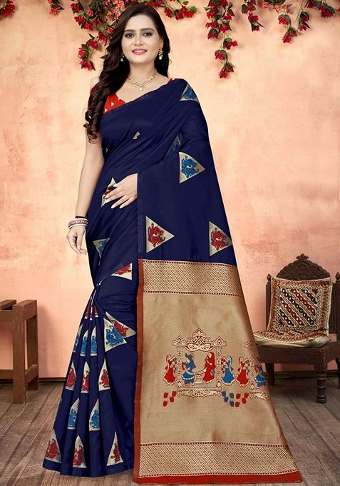 Navy Blue And Red Banarasi jacquard Banarasi Jacquard Saree Set