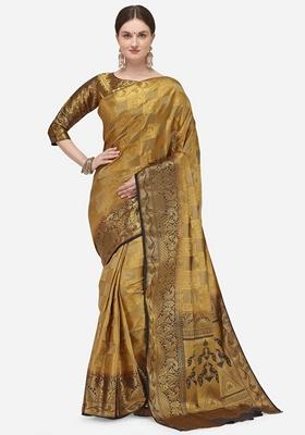 Beige And Grey Jacquard Printed Banarasi Silk Saree Set