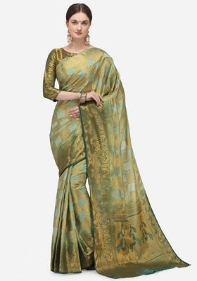 Mint Green Jacquard Printed Banarasi Silk Saree Set