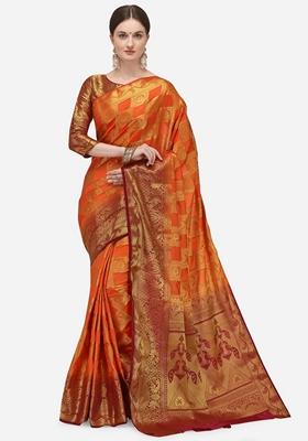 Orange And Maroon Jacquard Printed Banarasi Silk Saree Set