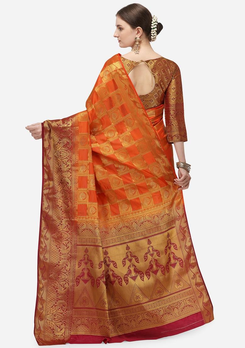 Orange And Maroon Jacquard Printed Banarasi Silk Saree Set