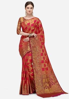 Pink And Maroon Jacquard Printed Banarasi Silk Saree Set