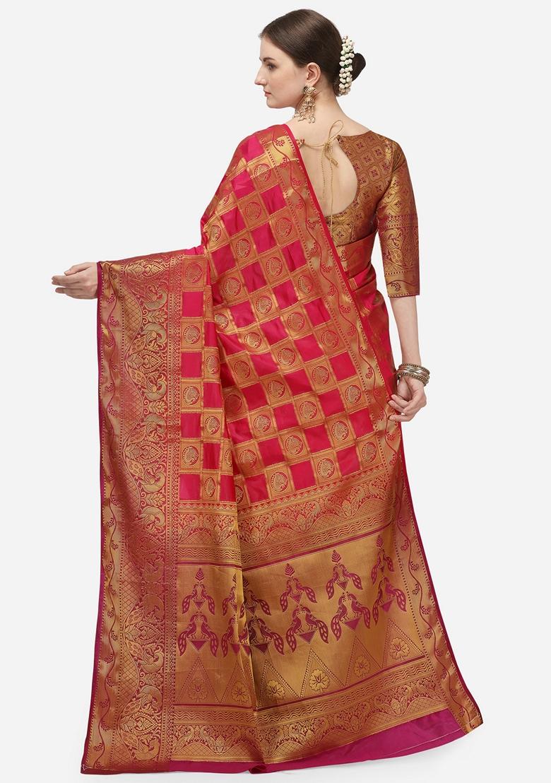Pink And Maroon Jacquard Printed Banarasi Silk Saree Set