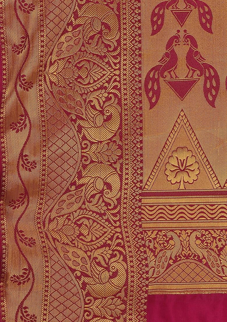 Pink And Maroon Jacquard Printed Banarasi Silk Saree Set