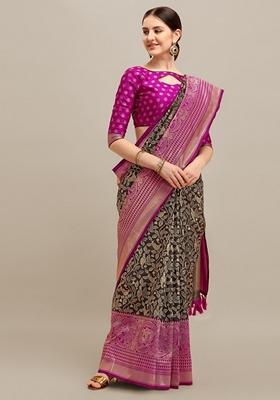 Black Jacquard Printed Banarasi Soft Handloom Silk Saree Set