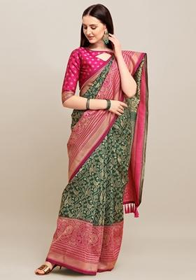Green Jacquard Printed Banarasi Soft Handloom Silk Saree Set