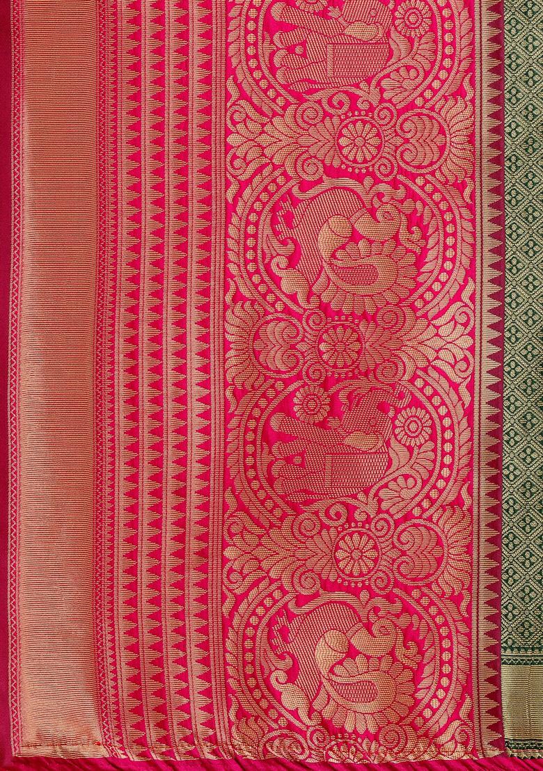 Green Jacquard Printed Banarasi Soft Handloom Silk Saree Set