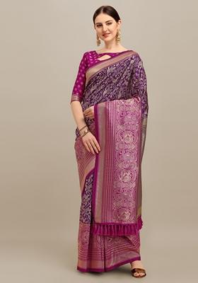 Purple Jacquard Printed Banarasi Soft Handloom Silk Saree Set