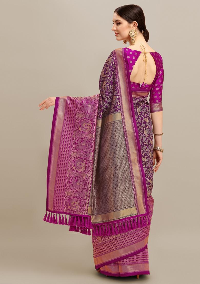 Purple Jacquard Printed Banarasi Soft Handloom Silk Saree Set
