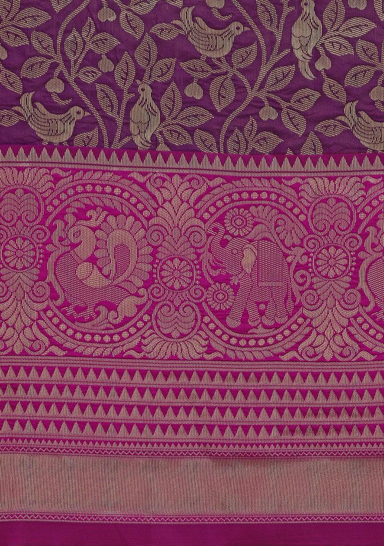 Purple Jacquard Printed Banarasi Soft Handloom Silk Saree Set