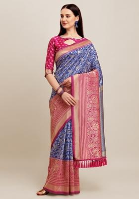 Royal Blue Jacquard Printed Banarasi Soft Handloom Silk Saree Set