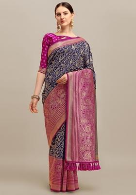 Navy Blue Jacquard Printed Banarasi Soft Handloom Silk Saree Set