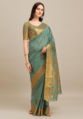 Turquoise Thread Embroidered Assam Cotton Silk Saree Set