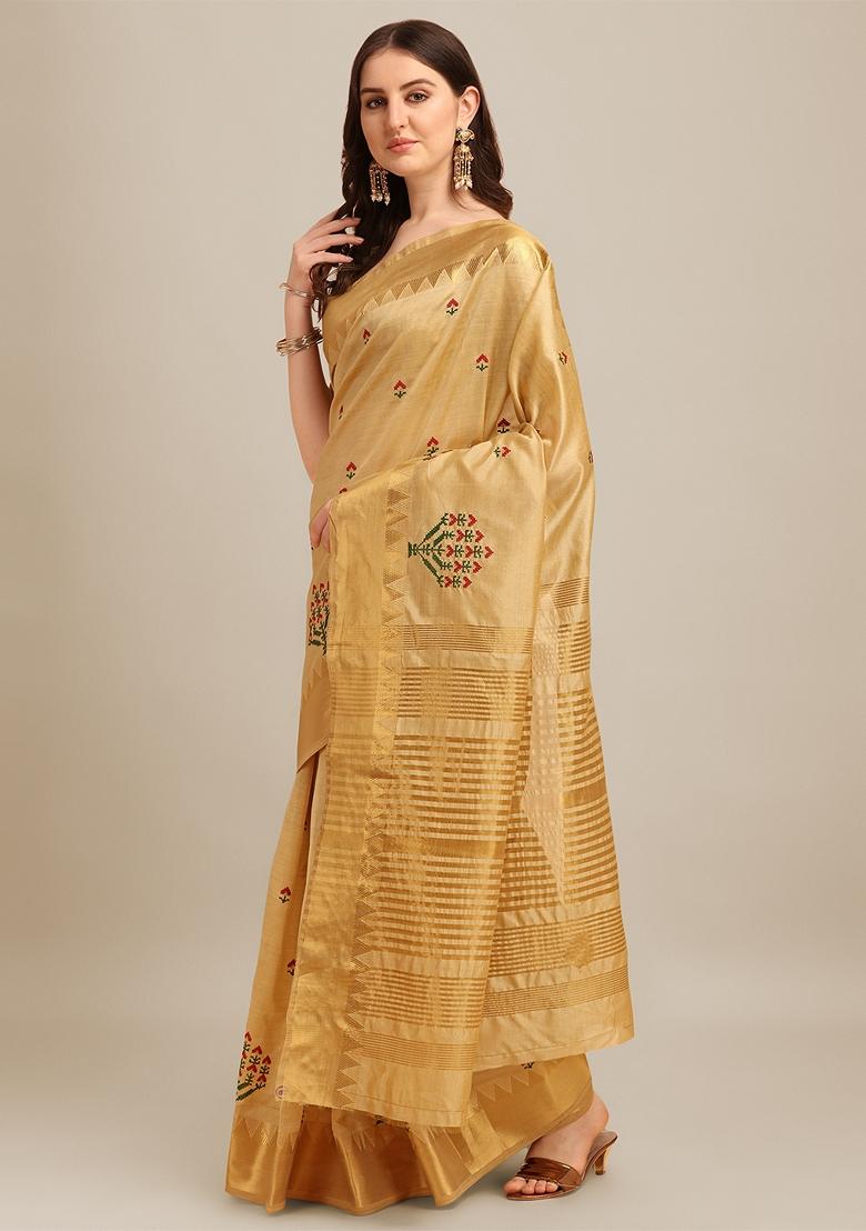 Cream Thread Embroidered Assam Cotton Silk Saree Set