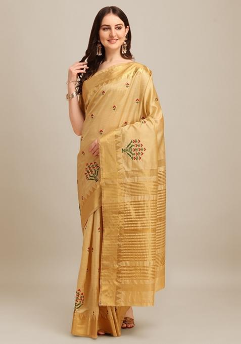 Cream Thread Embroidered Assam Cotton Silk Saree Set