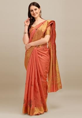 Peach Thread Embroidered Assam Cotton Silk Saree Set