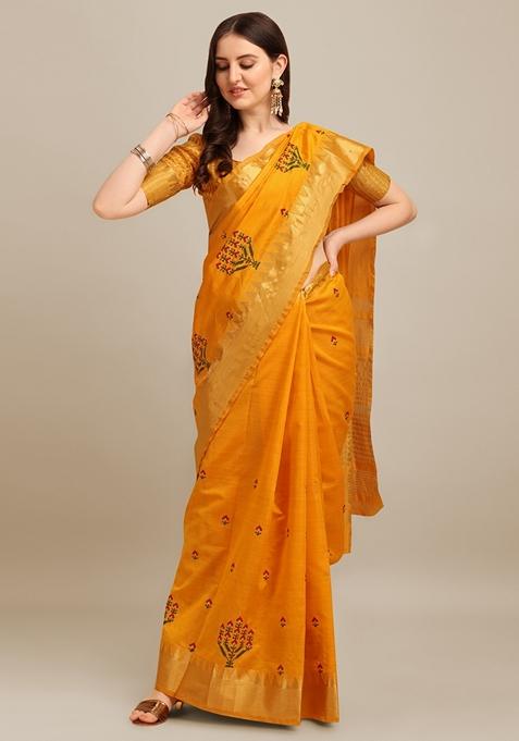 Yellow Thread Embroidered Assam Cotton Silk Saree Set