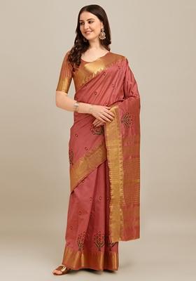 Pink Thread Embroidered Assam Cotton Silk Saree Set