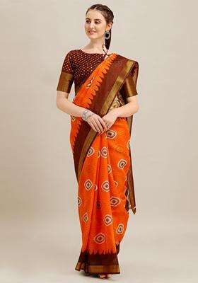 Orange And Black Printed Poly Cotton Saree Set