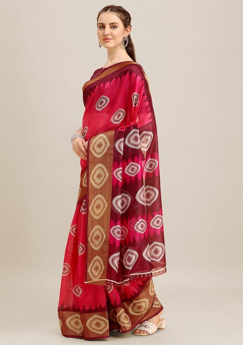 Pink And Maroon Printed Poly Cotton Saree Set