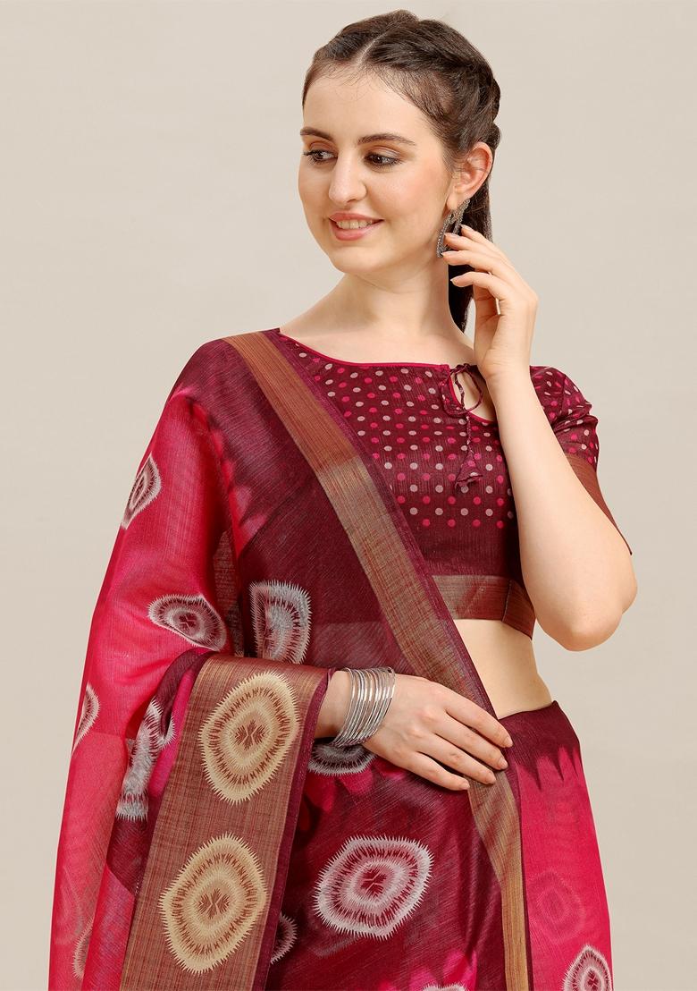 Pink And Maroon Printed Poly Cotton Saree Set