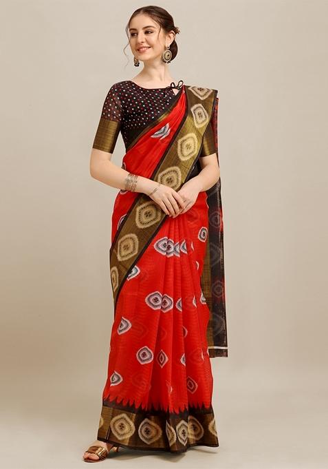 Red And Black Printed Poly Cotton Saree Set