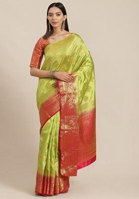 Light Green And Red Jacquard Printed Banarasi Silk Saree Set