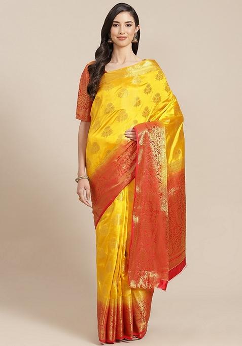 Yellow And Red Jacquard Printed Banarasi Silk Saree Set