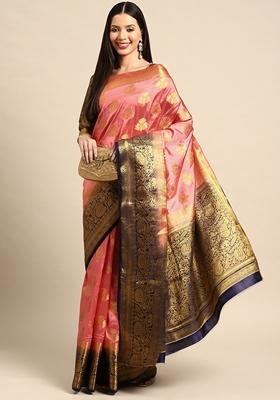 Pink And Blue Jacquard Printed Banarasi Silk Saree Set