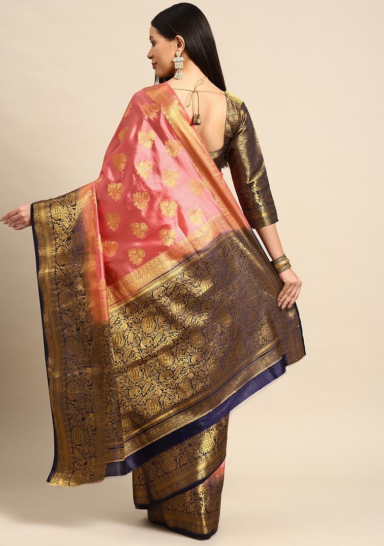 Pink And Blue Jacquard Printed Banarasi Silk Saree Set