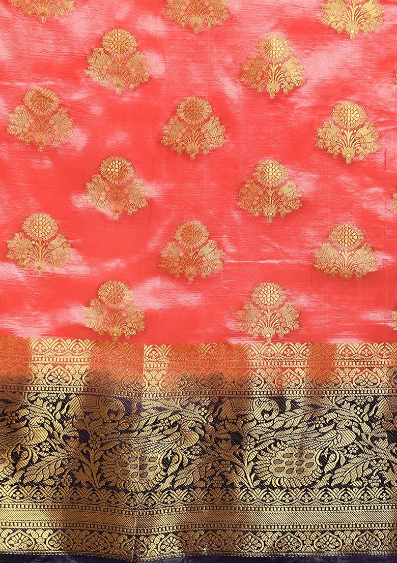 Pink And Blue Jacquard Printed Banarasi Silk Saree Set