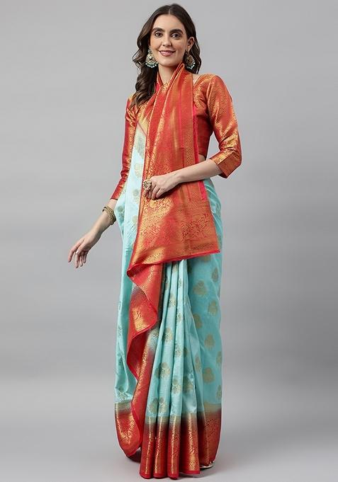 Light Blue And Red Jacquard Printed Banarasi Silk Saree Set