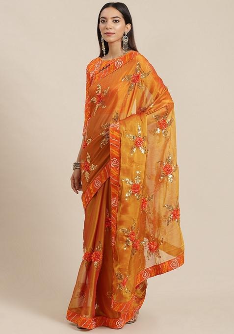 Golden Floral Embroidered Chiffon Saree Set