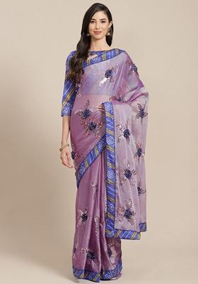 Blue Floral Embroidered Chiffon Saree Set