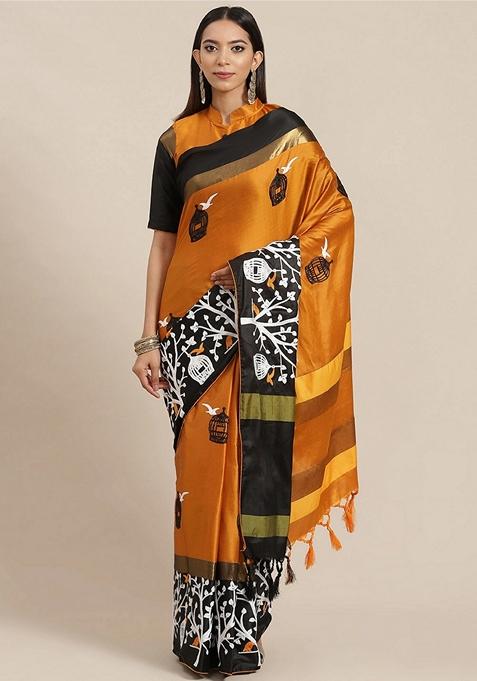 Yellow Thread Embroidered Cotton Silk Saree Set