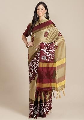 Beige Thread Embroidered Cotton Silk Saree Set