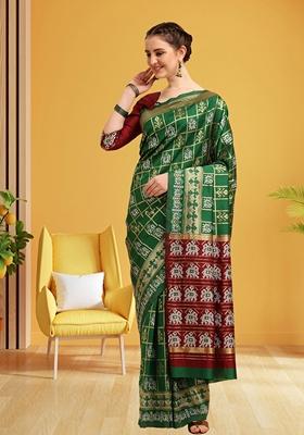 Light Green And Maroon Patola Woven Banarasi Cotton Silk Saree Set
