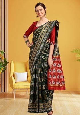 Green And Red Patola Woven Banarasi Cotton Silk Saree Set