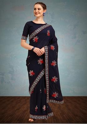 Black Floral Embroidered Vichitra Silk Saree Set