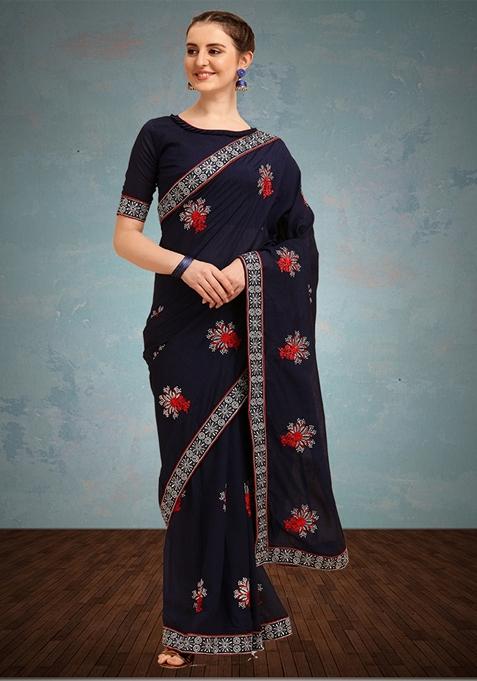 Black Floral Embroidered Vichitra Silk Saree Set