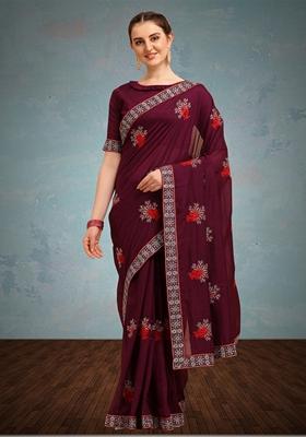 Purple Floral Embroidered Vichitra Silk Saree Set